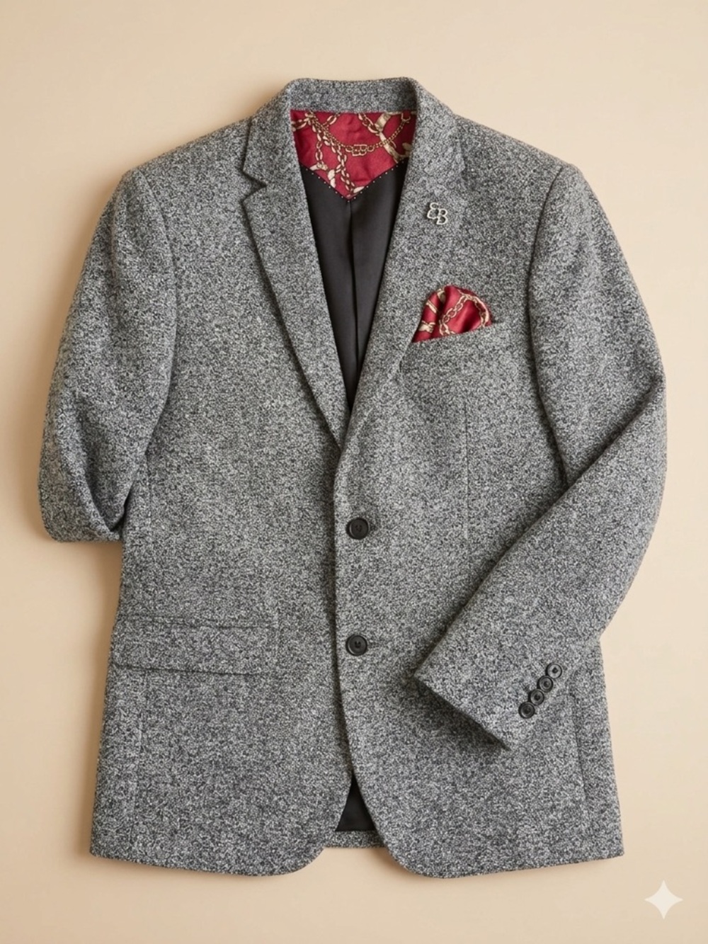 Boys' Gray Tweed Blazer with Red Pocket Square